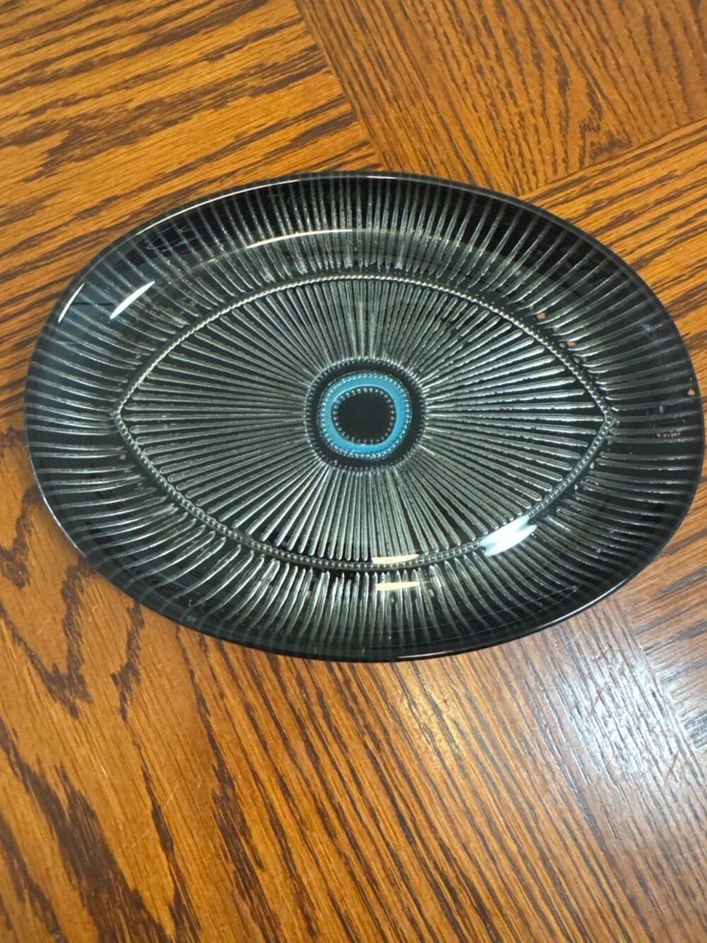 Evil Eye Oval Plate Glass Dish Silver Grey Black Blue